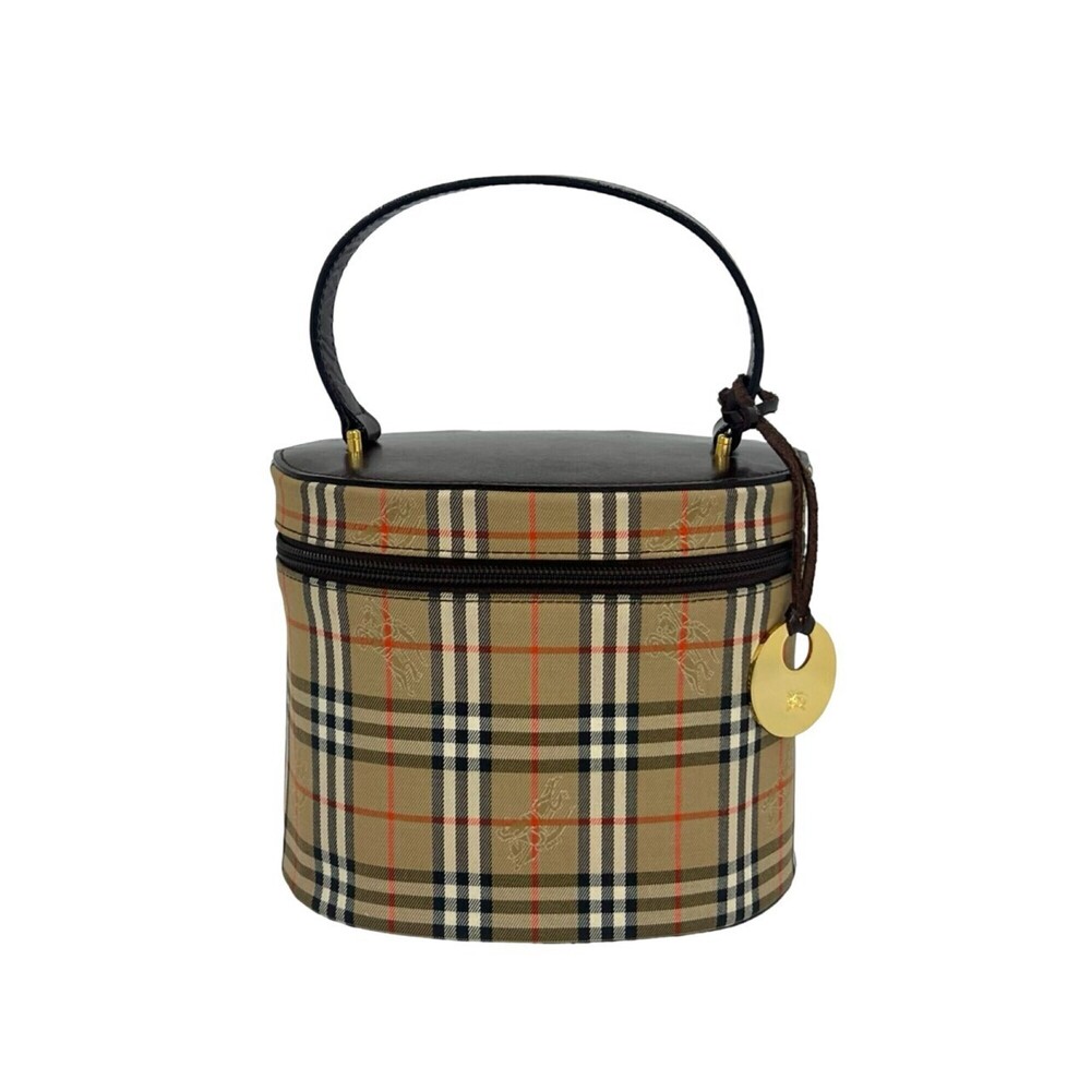BURBERRY Vintage Nova Check Shadow Horse Logo Leather Canvas Handbag Brown 26196